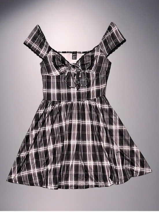 SHEIN Dresses & Skirts - 📓 SHEIN Black & White Plaid Babydoll Mini Dress~Women’s XS~Tie & Lace Detailing